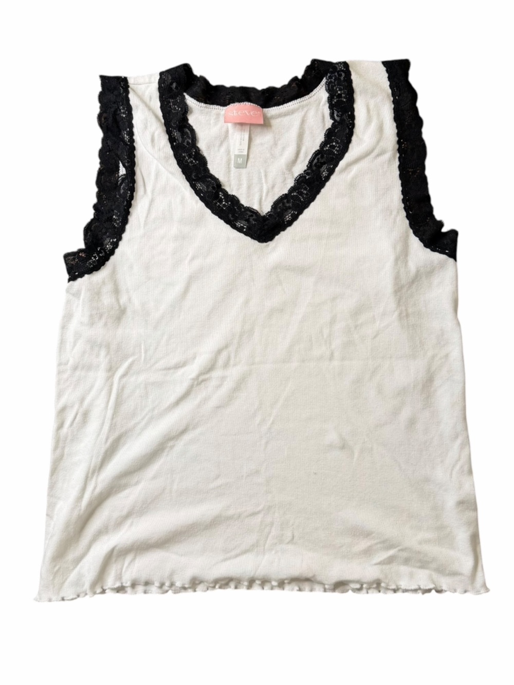 Steve & Barry’s Y2K White Tank Top with Black Lace Trim